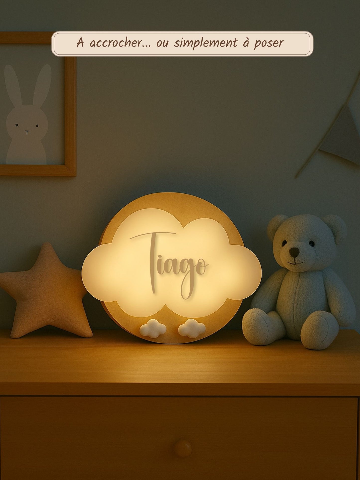 Veilleuse Collection Douceur : Nuages Blanc - Prénom Beige