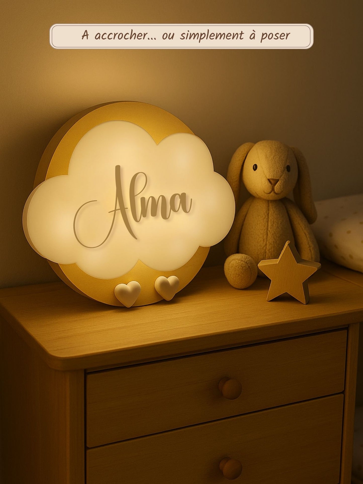 Veilleuse Collection Tendresse : Coeurs Blancs - Prénom Beige