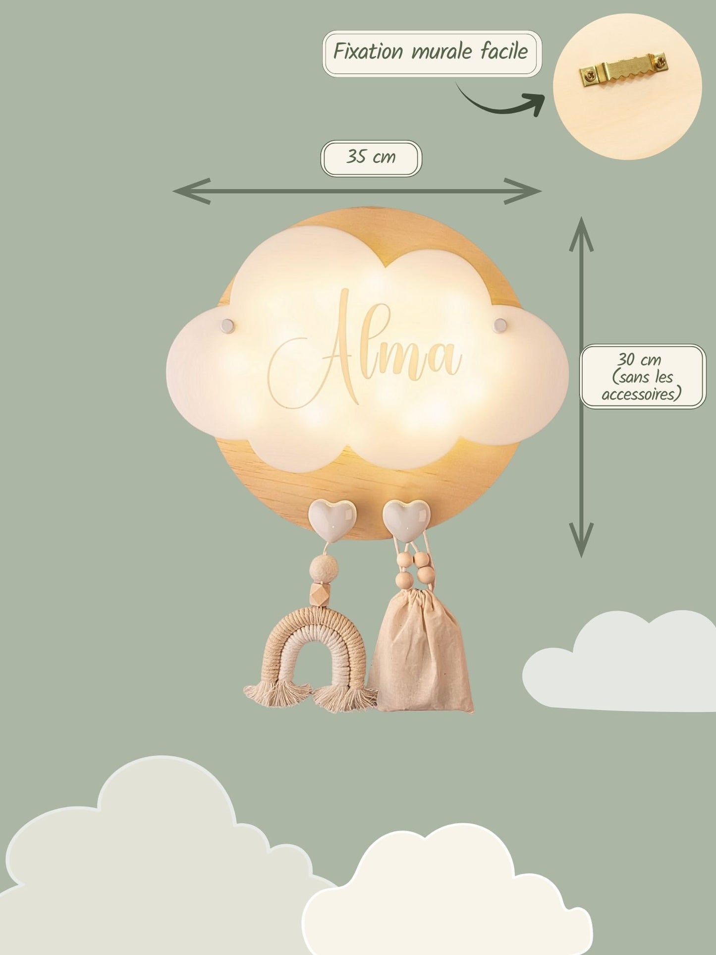 Veilleuse Collection Tendresse : Coeurs Blancs - Prénom Beige