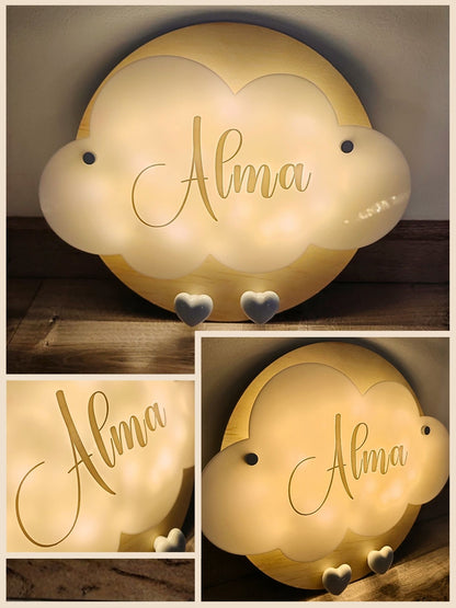 Veilleuse Collection Tendresse : Coeurs Blancs - Prénom Beige