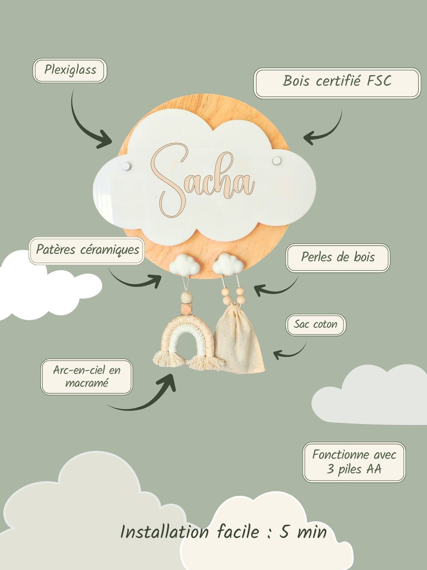 Veilleuse Collection Douceur : Nuages Blancs - Prénom Bleu