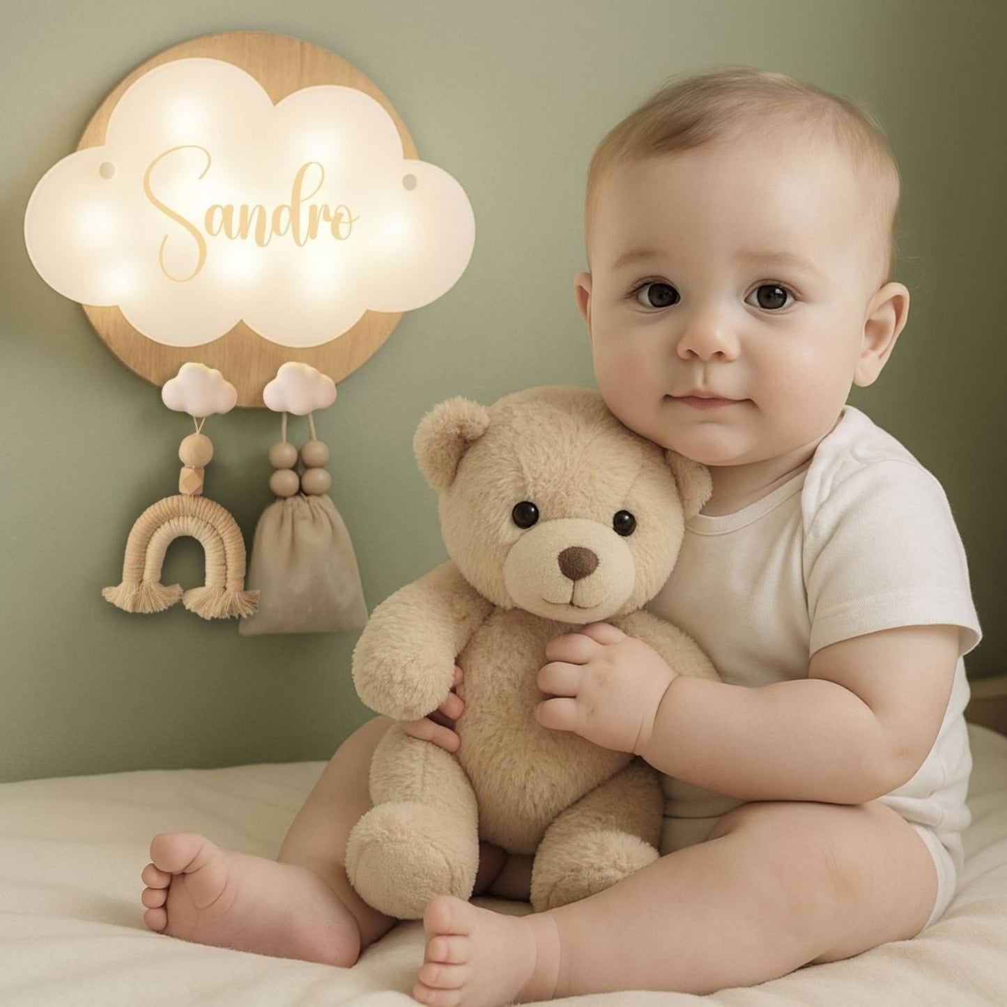 Veilleuse Collection Douceur : Nuages Blanc - Prénom Beige