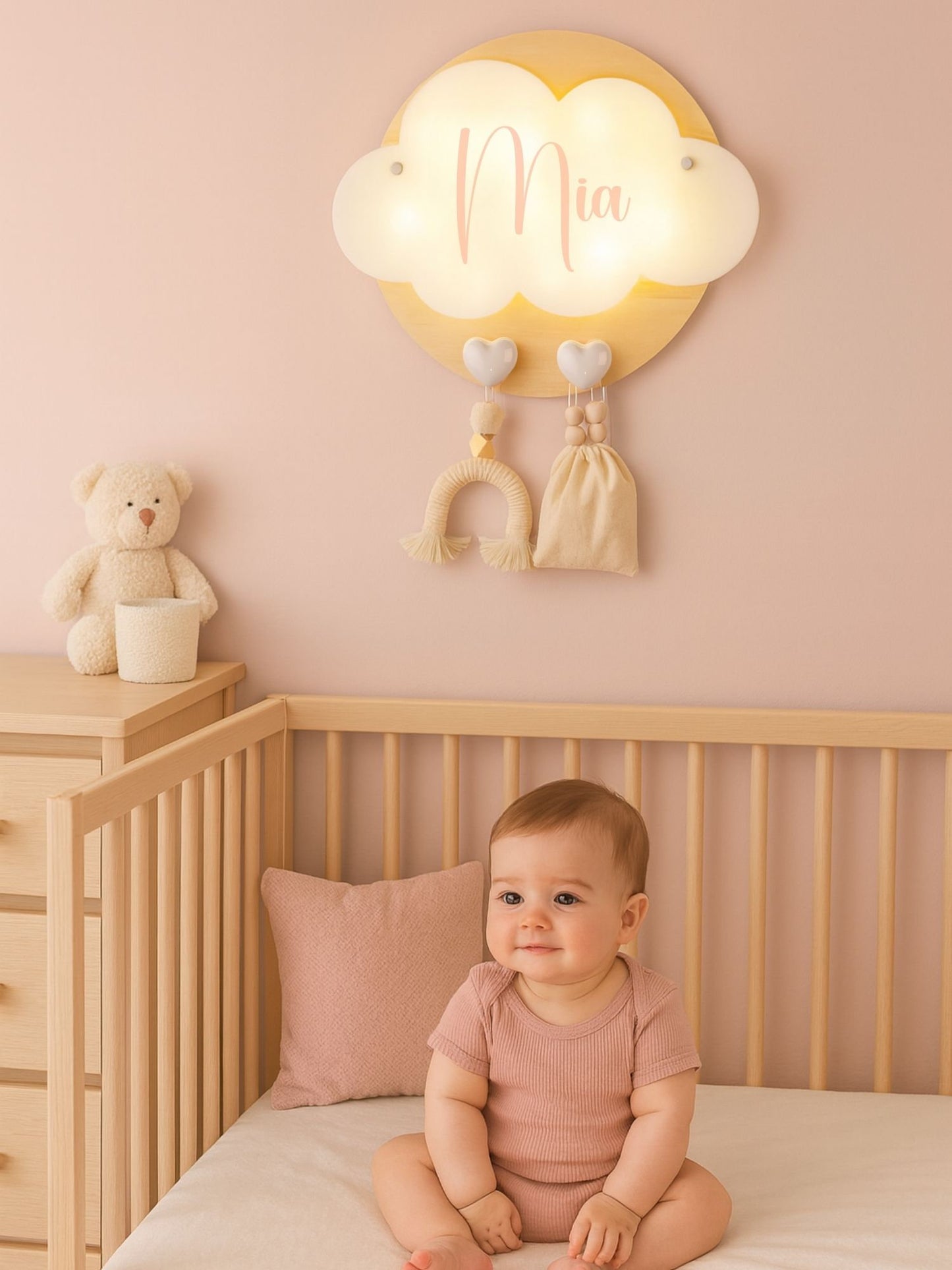 Veilleuse Collection Tendresse : Coeurs Blancs - Prénom Rose