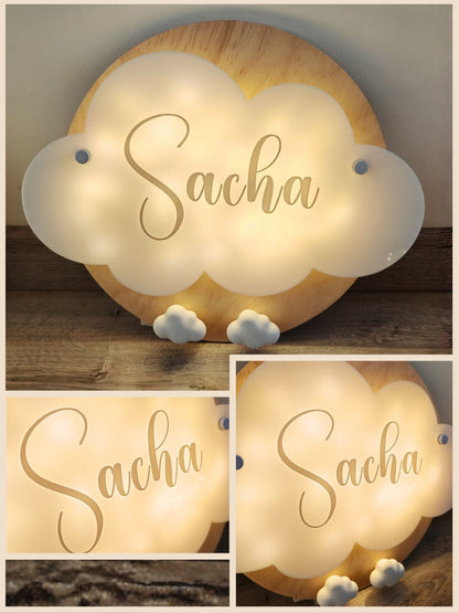 Veilleuse Collection Douceur : Nuages Blanc - Prénom Beige