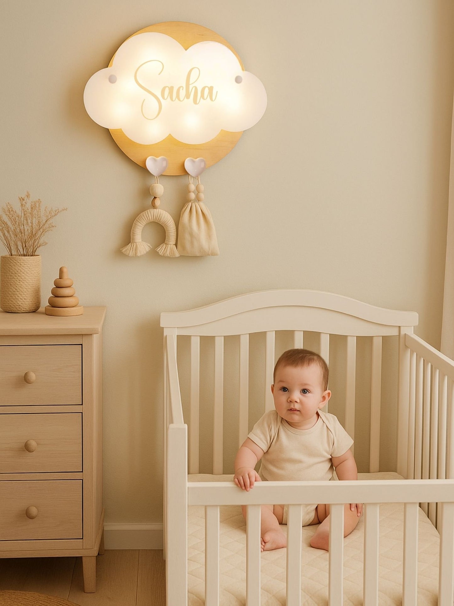 Veilleuse Collection Tendresse : Coeurs Blancs - Prénom Beige