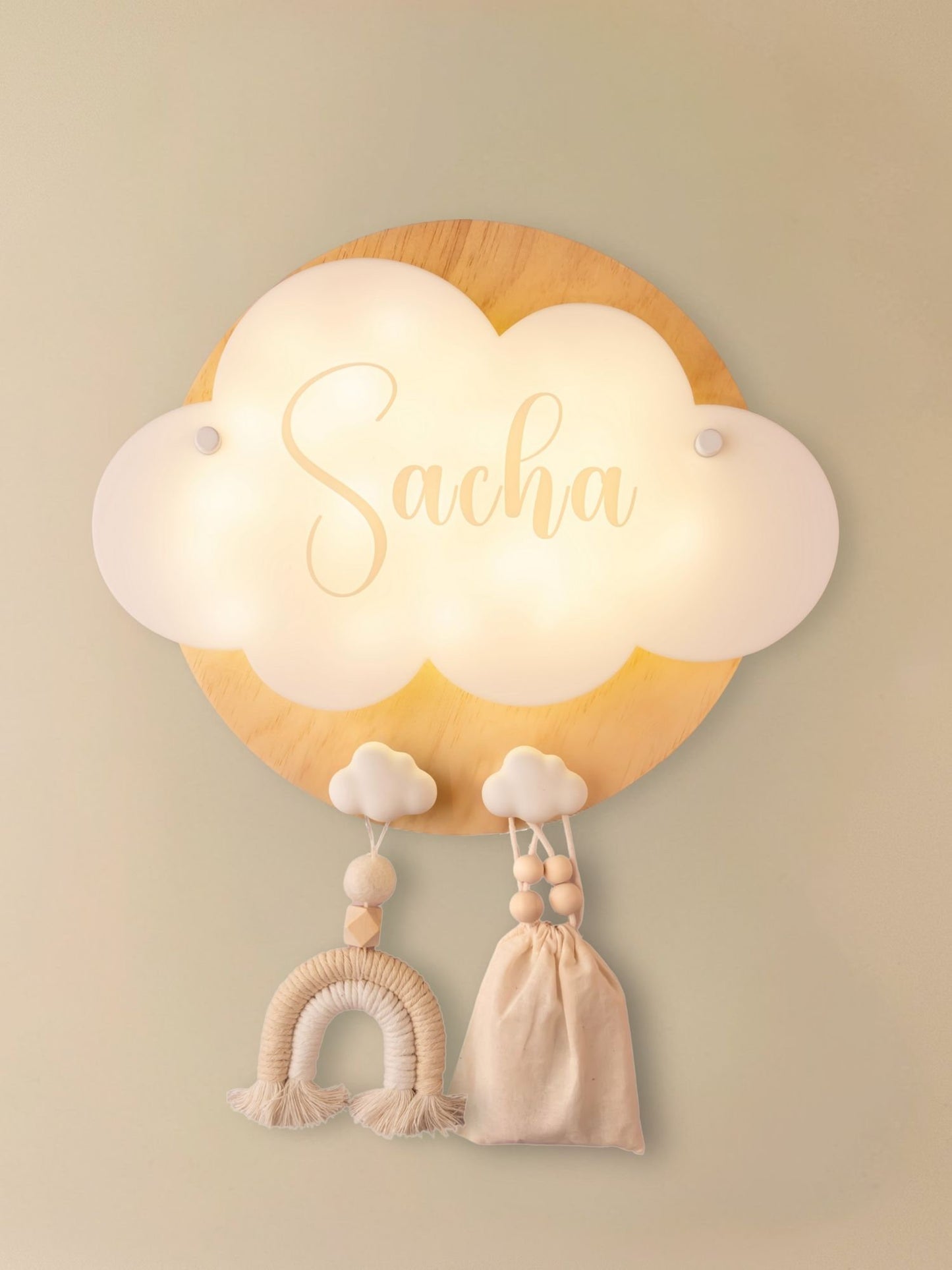 Veilleuse Collection Douceur : Nuages Blanc - Prénom Beige